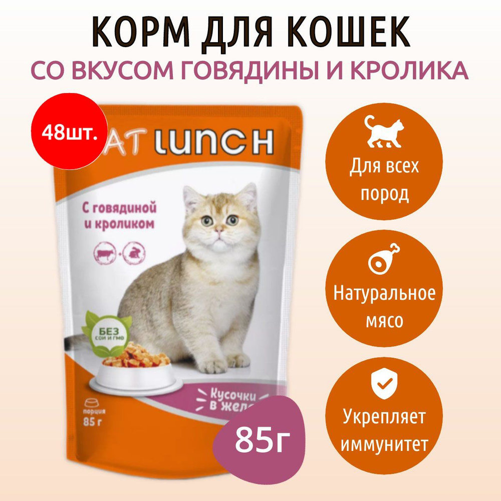 Влажный корм CAT LUNCH 4080 г (48 упаковок по 85 грамм) для кошек Говядина и кролик кусочки в желе, в #1