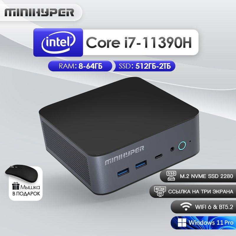 Мини-ПК MiniHyper мини пк игровой (Intel Core i7-11390H, RAM Отсутствует, Intel Iris Plus Graphics, Windows #1