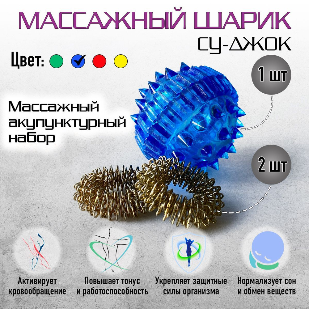 Шарик массажный Су Джок для массажа рук, пальцев, ног 1 шарик + 2 кольца синий  #1