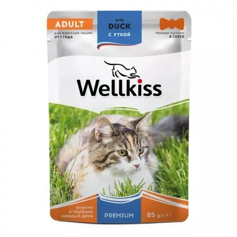 12 шт Wellkiss Adult Влажный корм (пауч) для взрослых кошек, с уткой в соусе, 85 гр.  #1