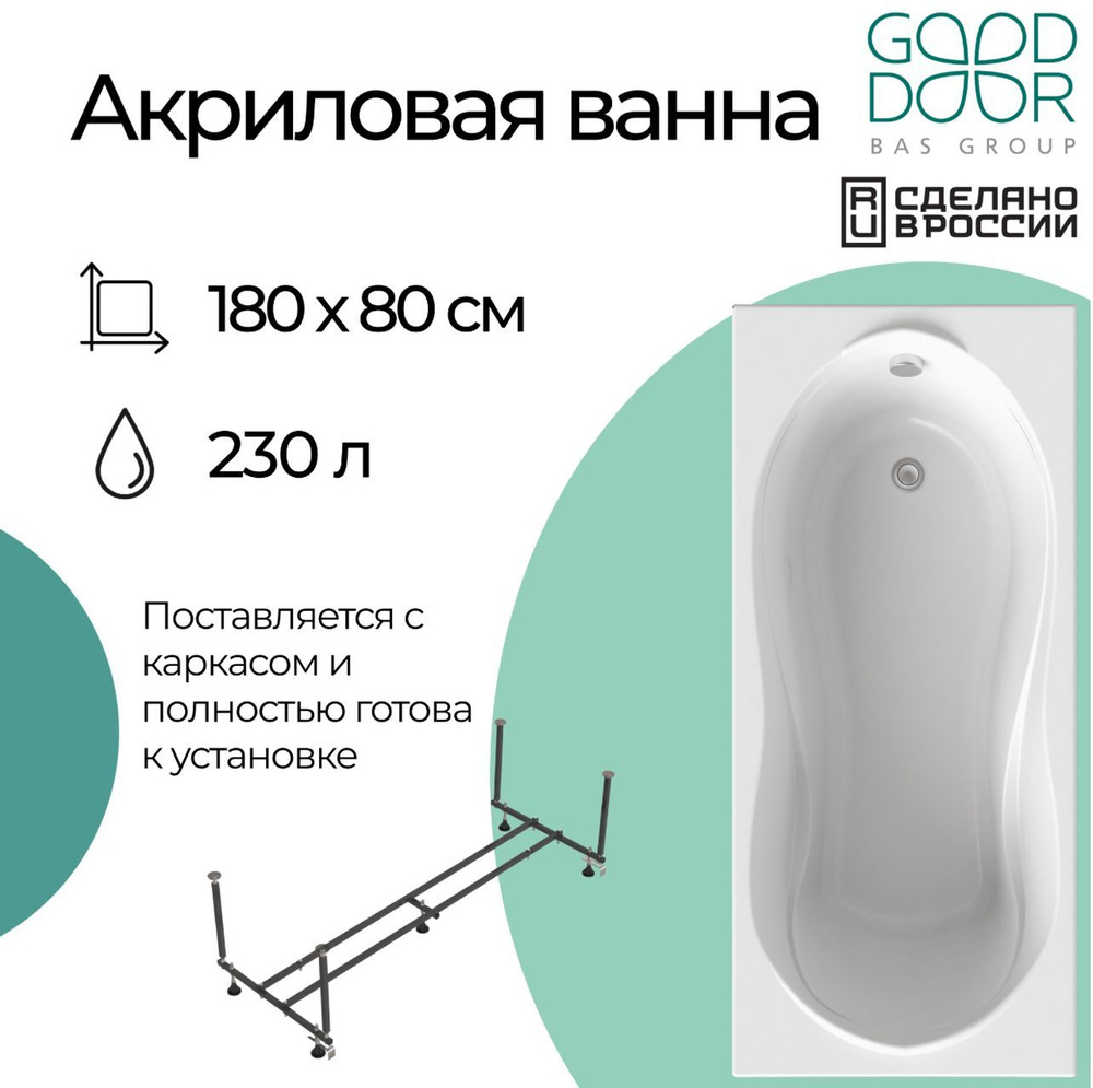 Ванна акриловая GoodDoor Кейптаун 180х80 прямоугольная, пристенная (каркас,к-кт д/с)  #1