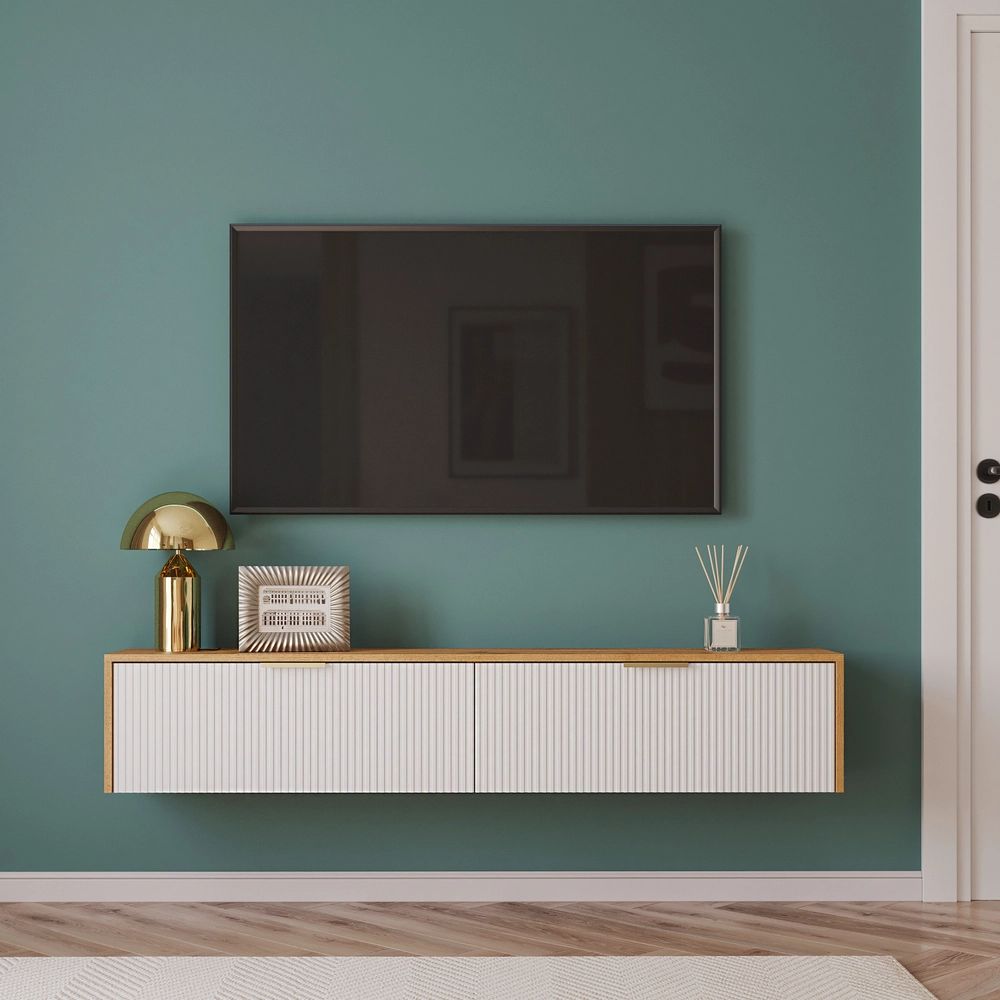 ТумбадляТВподвеснаяDIWOКраснодар160x27x30см,корпусдубвотан,фасадмдфбелый,золото