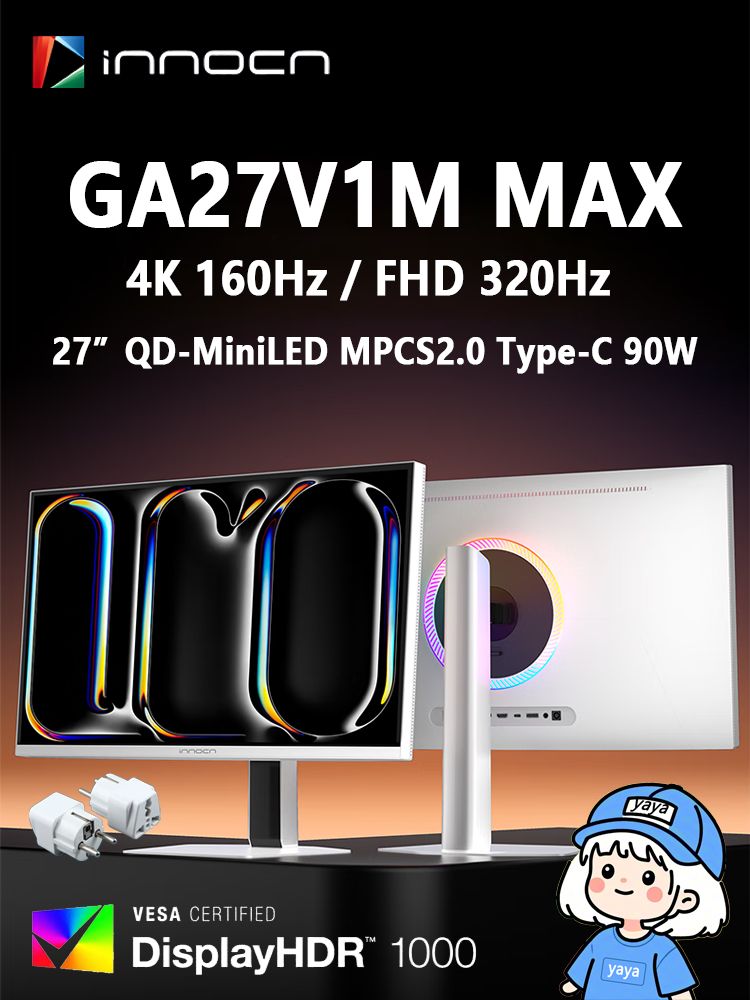 INNOCN27"МониторGA27V1MMAX,27”4K160Гц/FHD320ГцQD-MiniLED2304зонызатемненияMPCSTECH2.0HDR10000,5мсType-C90ВтДвадинамикапо3Вт,IPS,3840x2160,320Гц,белый