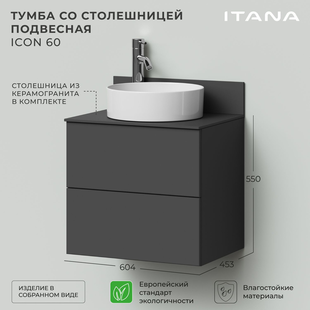 Тумба со столешницей подвесная Итана Icon 60 604х453х550 Графит  #1