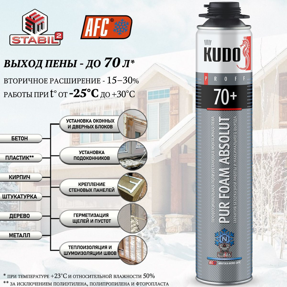 Пена полиуретановая монтажная KUDO "PUR FOAM ABSOLUT 70+ ARKTIKA", профессиональная, под пистолет, морозостойкая #1