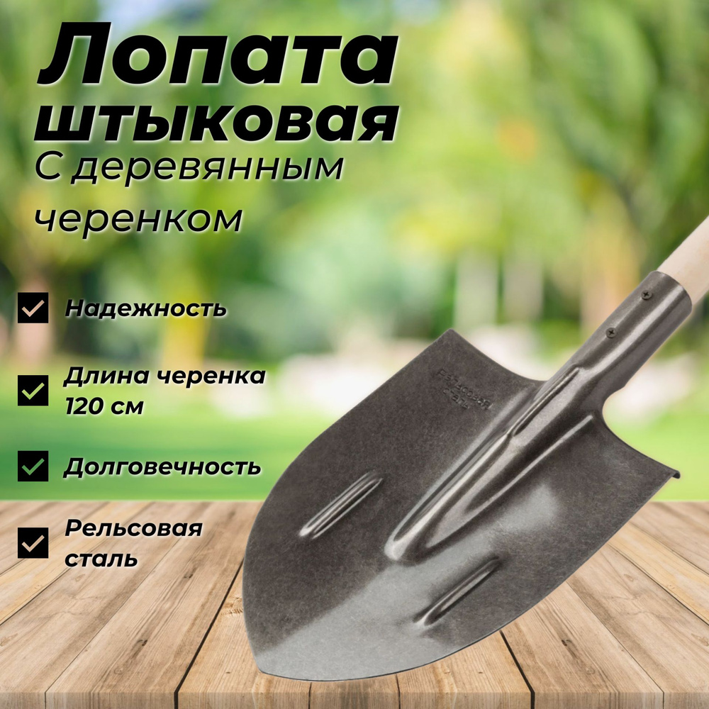 Лопата штыковая с деревянным черенком, рельсовая сталь  #1