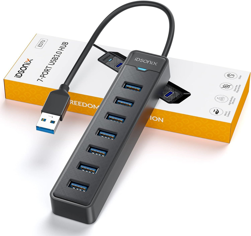 USB HUB ORICO Суббренд iDsonix ED7U хаб USB3.0,7порта USB-A, черный, мобильный офис, USB-C Порт питания #1