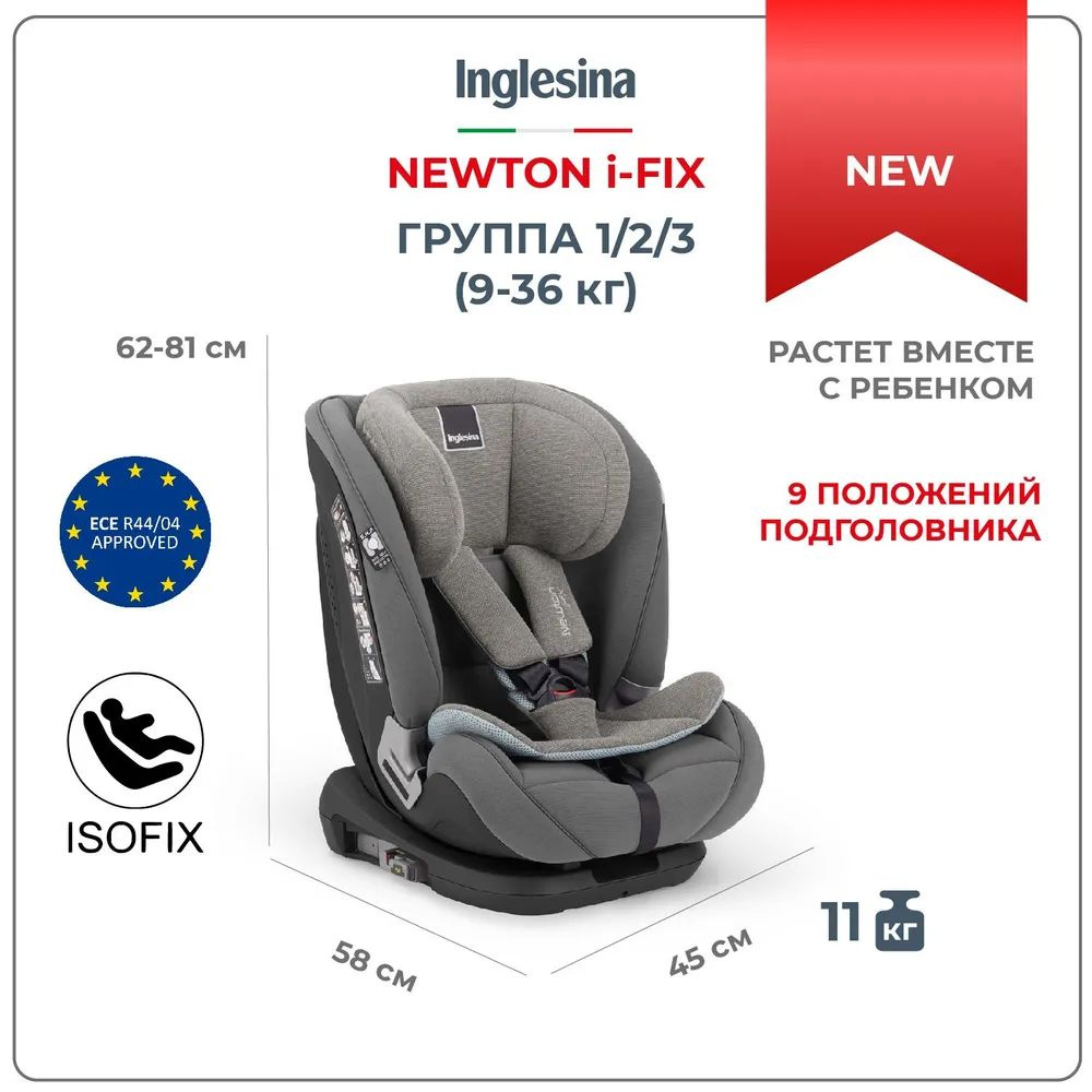Автокресло детское Inglesina NEWTON 1.2.3 IFIX Stone Grey серый, детское кресло с 9 месяцев до 12 лет #1