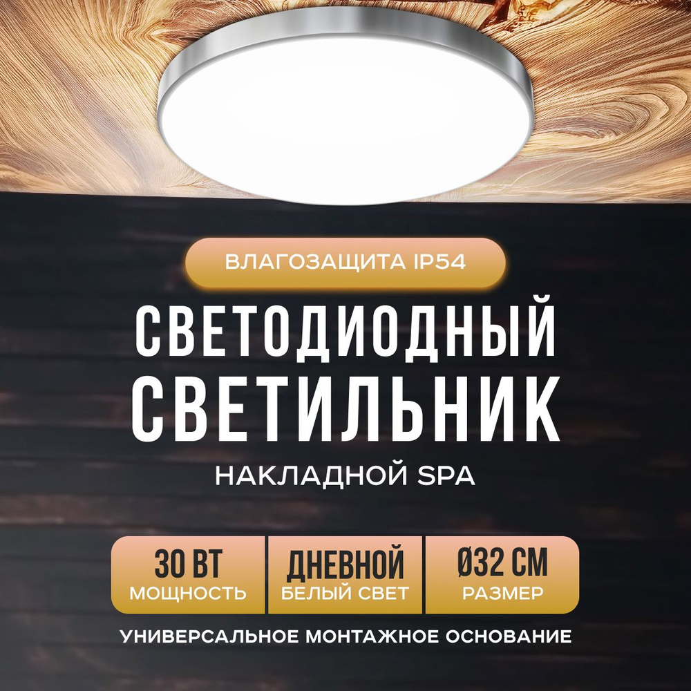 Светодиодный светильник SPA, 30Вт, 4000К, IP54, d320х30мм, серебро  #1