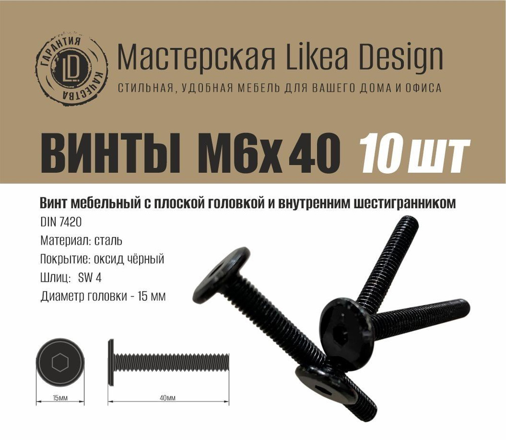 Винт M6 x 40 мм, головка: Плоская, 10 шт. 85 г #1