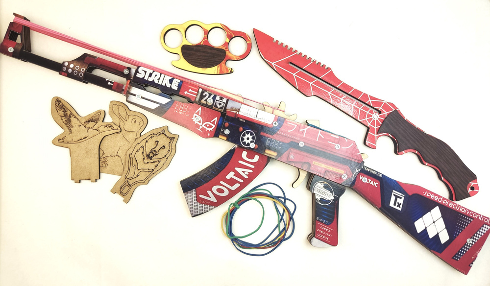Набор деревянного оружия, автомат резинкострел, кастет, нож, мишени и резинки в подарок  #1
