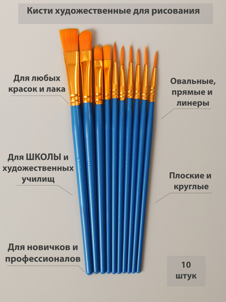  Набор кистей для рисования Круглая, Лайнер  № 1, 2, 10 шт. #1