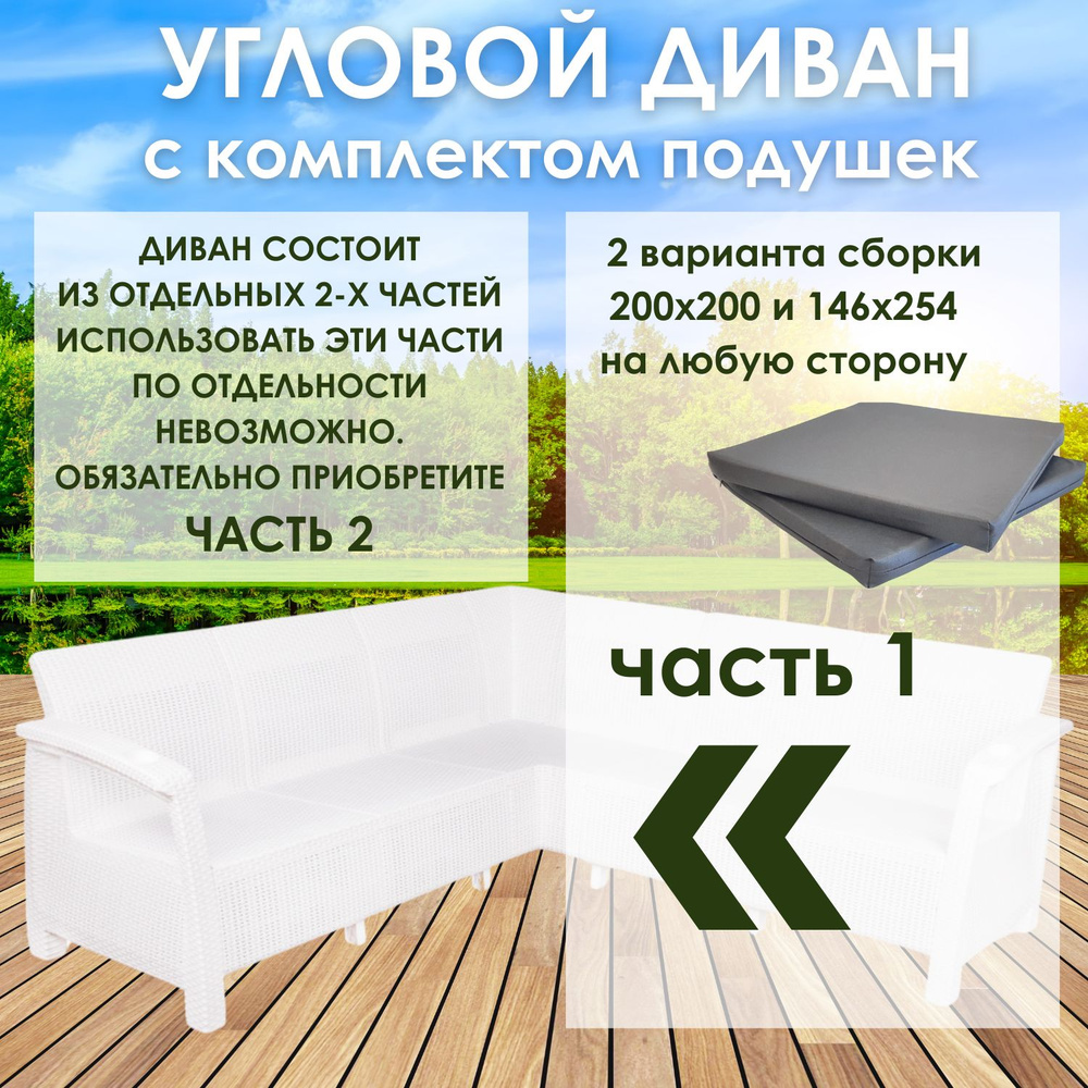 Диван садовый угловой 200x200x79 см, белый, Часть 1 (подушки серого цвета)  #1