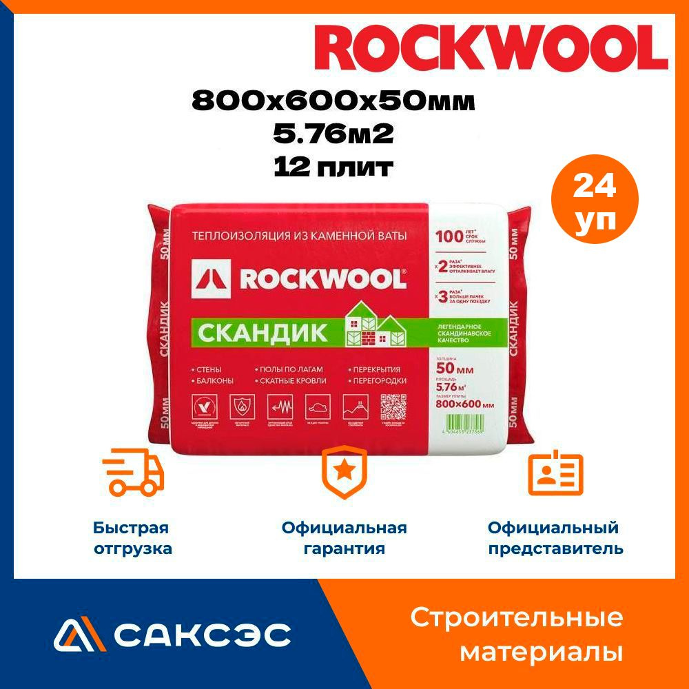 Каменная вата утеплитель Роквул Лайт Баттс Скандик 800х600х50мм, 12 плит, 5,76м2 / Утеплитель Rockwool, #1
