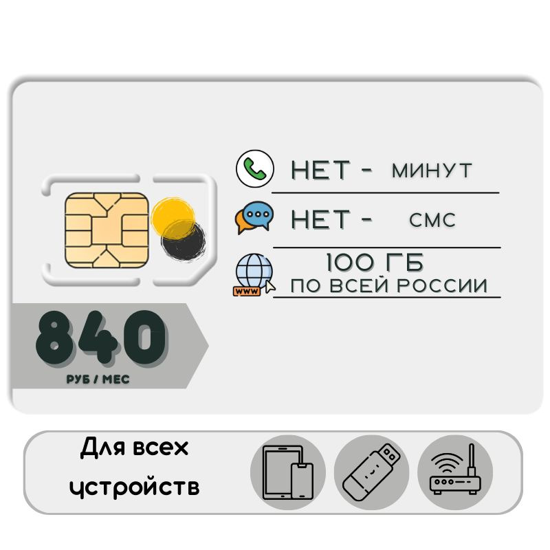 SIM-карта Комплект Сим карта Безлимитный интернет 840 руб. 100 гб в месяц для любых устройств + раздача #1