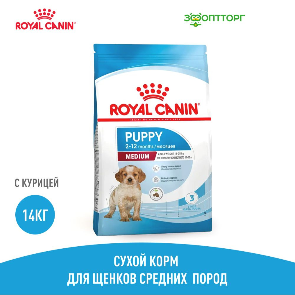 Сухой корм Royal Canin Medium Puppy для щенков средних пород, с курицей, 14 кг  #1