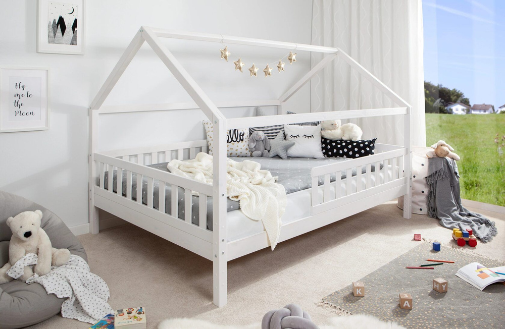 Детская кровать Домик Чайн 140x200 см односпальная, из массива сосны, белый  #1