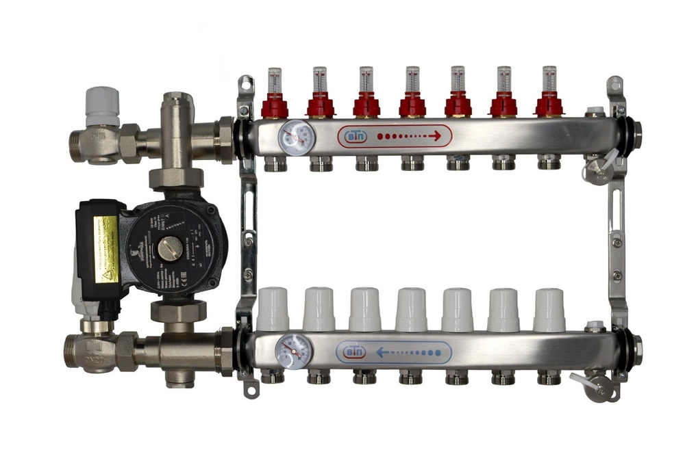 Комплект коллекторов для теплого пола ВТП КОМПАКТ.П.БП 7 контуров, коллектор справа, смесительный узел #1