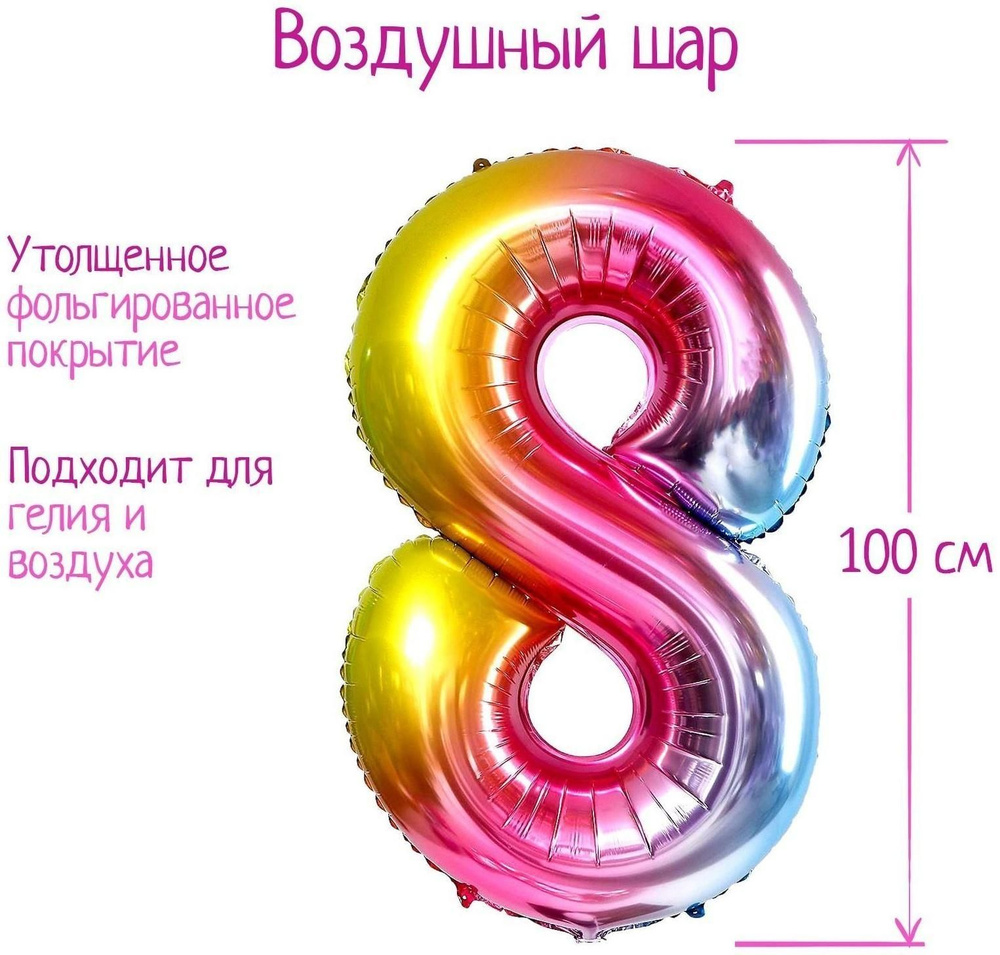 Шар фольгированный 40" Цифра 8, радуга #1