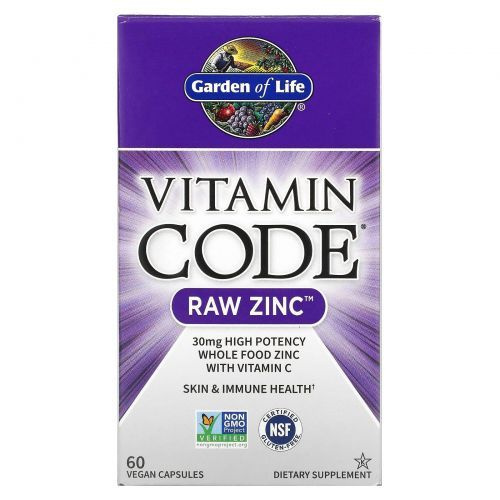 Цинк, пищевая добавка, Garden of Life, Vitamin Code, из цельных продуктов, 60 капсул  #1