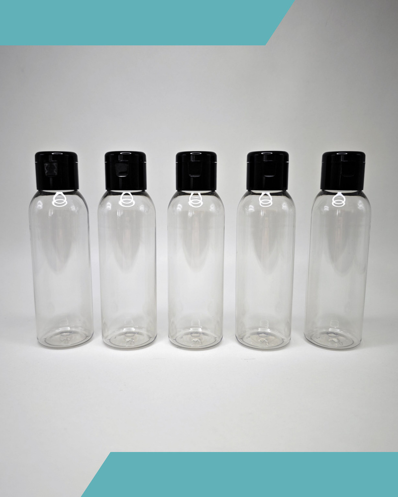 Флакон (бутылочка) 100 мл. прозрачный с черным флип-топом. Дорожный набор, помпа, емкость для антисептика, #1