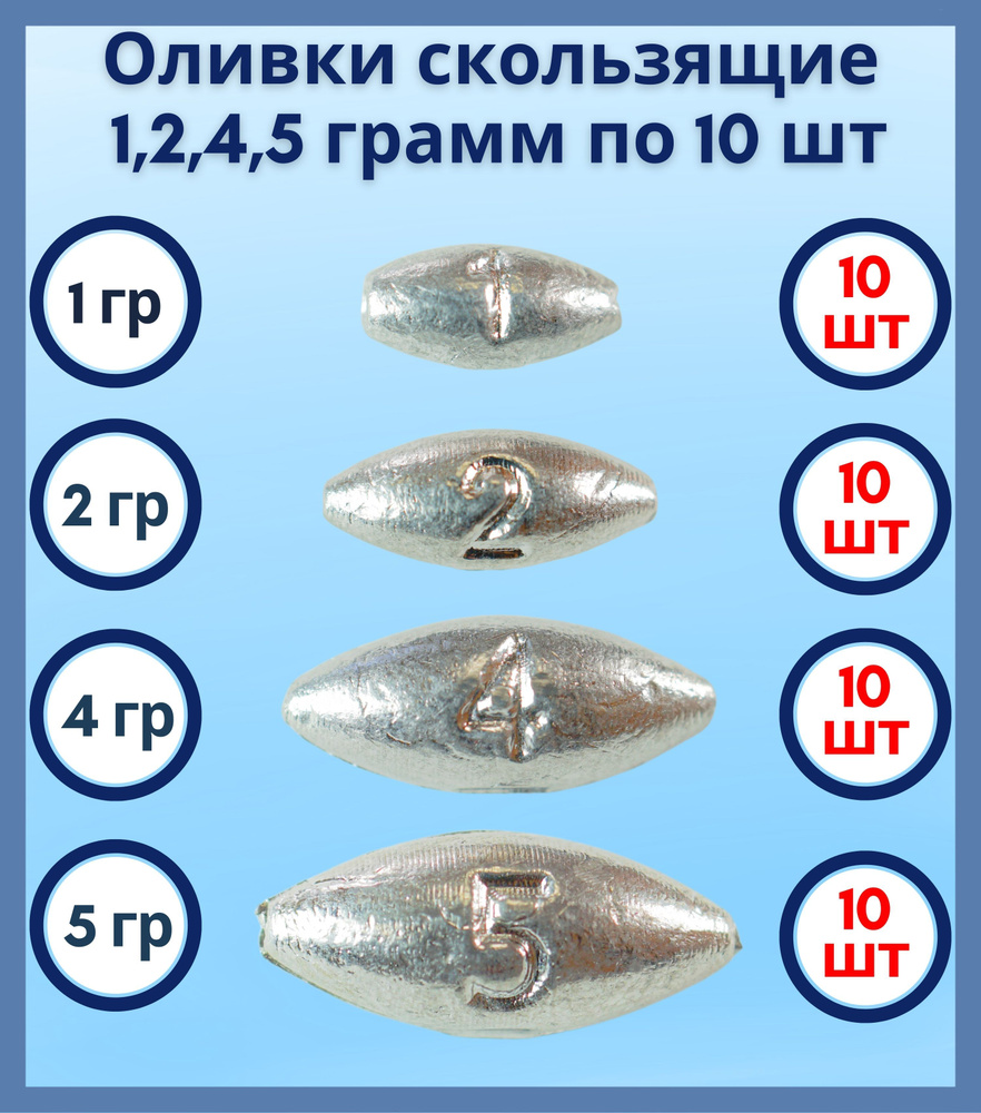 Набор грузил Оливка скользящая 1,2,4,5 грамм по 10 шт #1