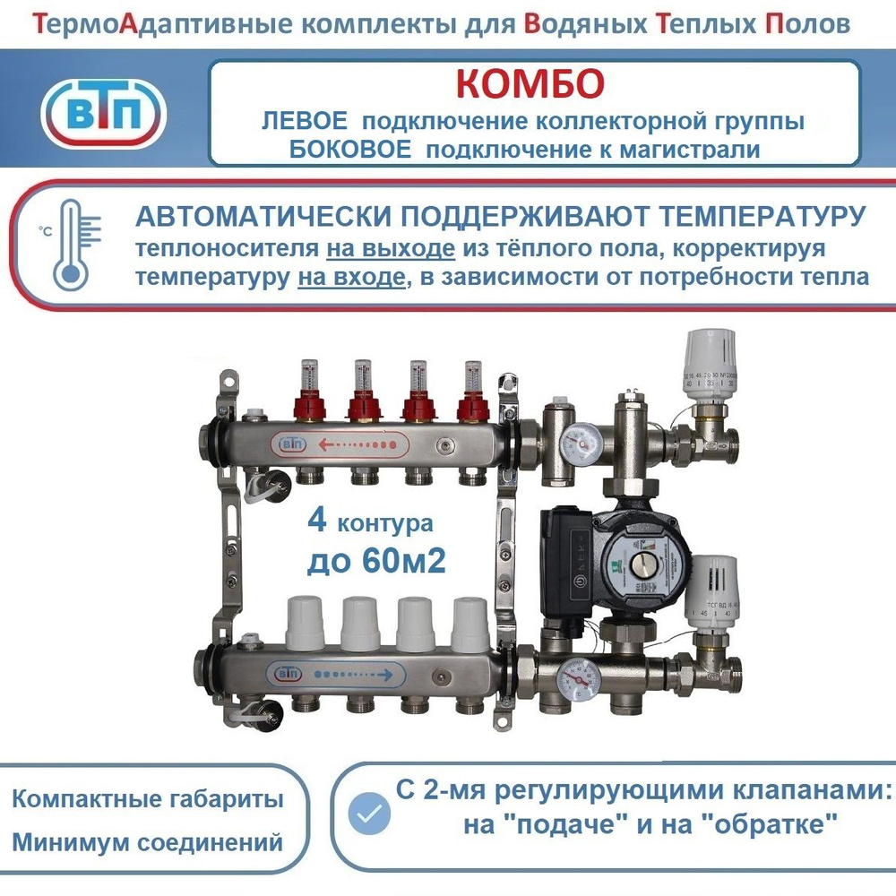 Комплект коллекторов для теплого пола ВТП КОМБО.Л.БП 4 контура, коллектор слева, термоадаптивный смесительный #1