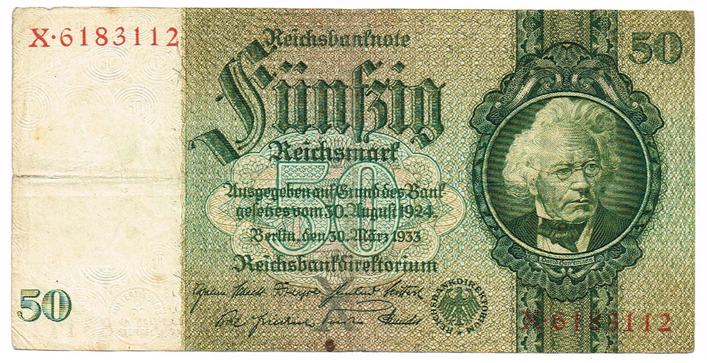 Банкнота 50 рейхсмарок 30 марта 1933 г. X 6183112 Рейхсбанкнота Германии XF  #1