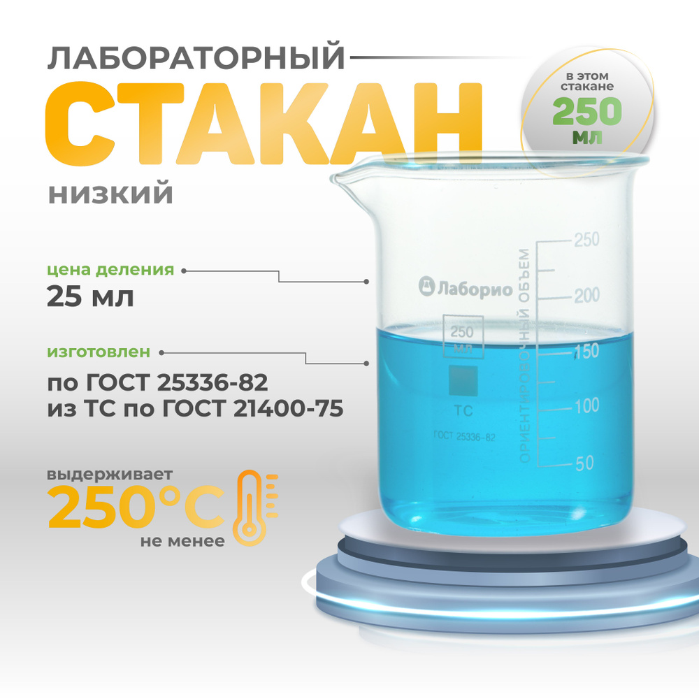 Стакан 250 мл (низкий с делениями и носиком, лабораторный, тип Н, термостойкий) Н-1-250 ТС  #1