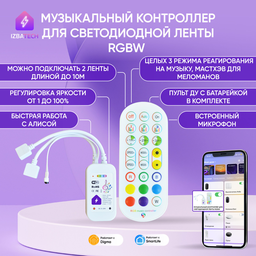 Умный музыкальный WIFI контроллер для двух светодиодных RGBW лент для Алисы, с пультом и встроенным микрофоном #1