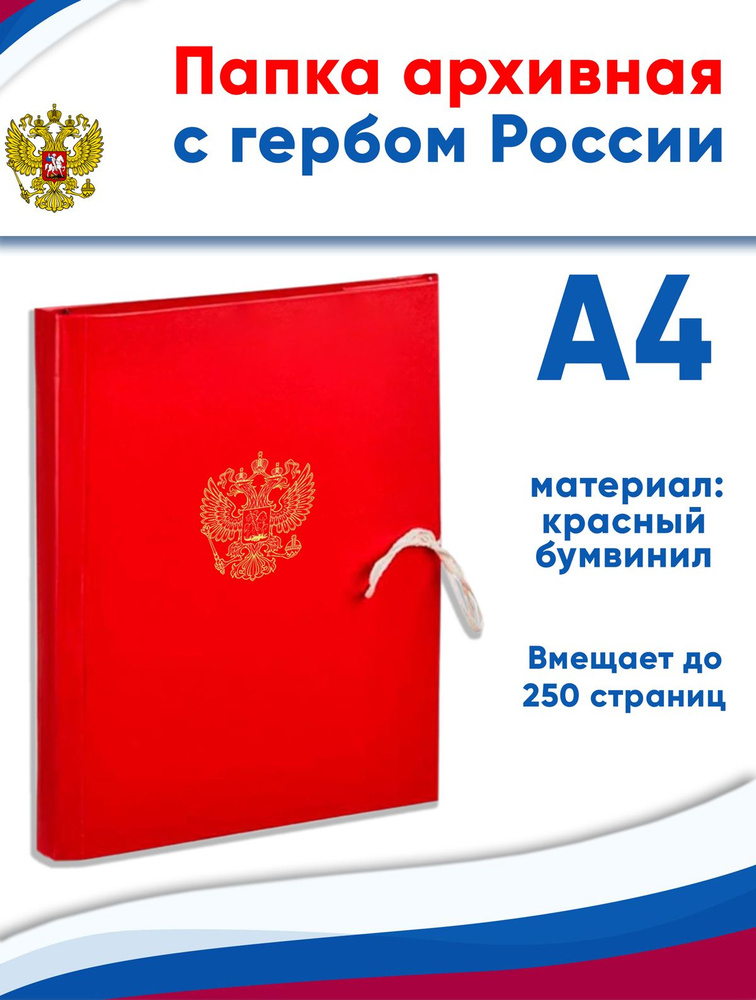 Папка архивная А4 Attache, бумвинил, ширина 3 см, 4 завязки, до 250 стр (с гербом РФ)  #1