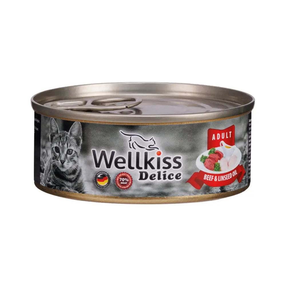 Wellkiss Delice Влажный корм (консервы) для кошек, говядина с льняным маслом, 100 гр.  #1