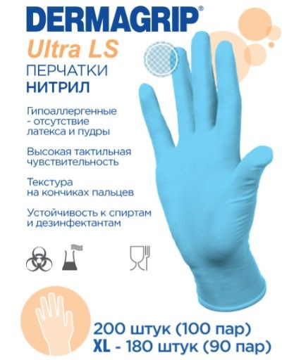 Перчатки нитриловые Dermagrip Ultra LS, цвет: голубой, размер S, 200 шт. (100 пар), 7 грамм нитрила пара #1