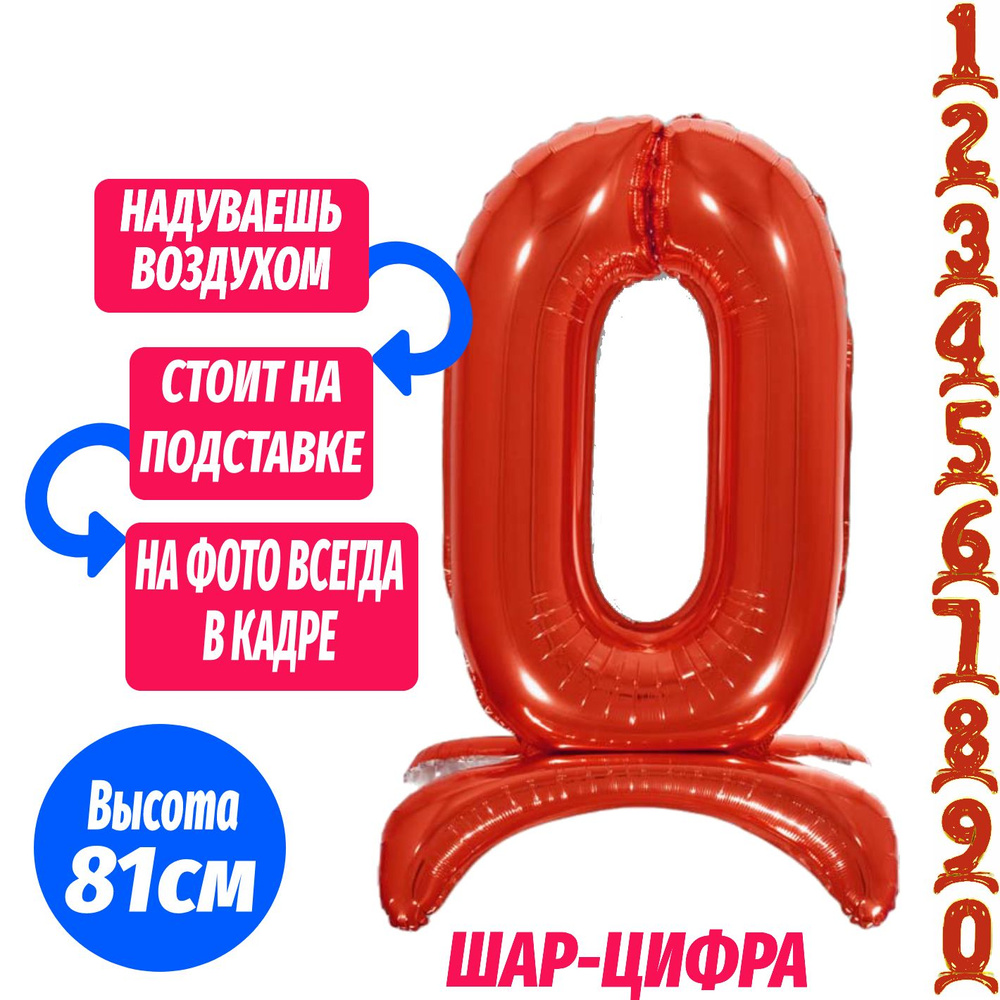 Шар цифра 0 на подставке, красный 81 см #1