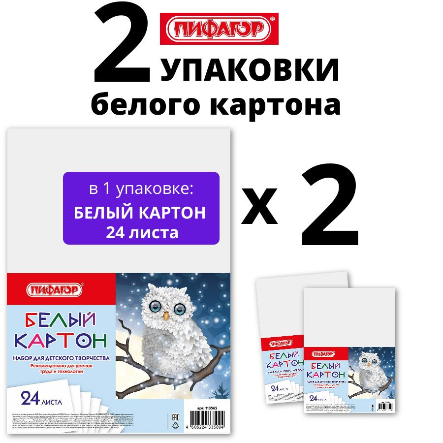 Картон белый А4 немелованный (матовый), 48 листов (2 упаковки по 24), ПИФАГОР, 200х290 мм, Совушка, 113565 #1