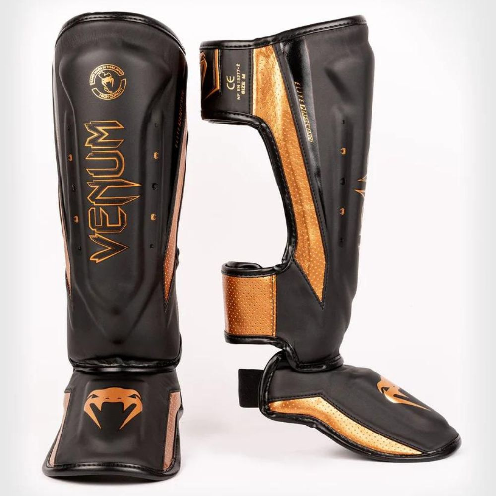 Защита голени и стопы Venum Elite Evo Shinguards, размер M _ микрофибра PU _ черный/бронзовый _ щитки #1