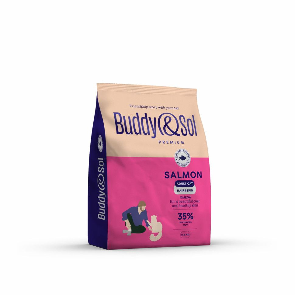 Buddy&Sol Premium Hair&Skin сухой корм для взрослых кошек для кожи и шерсти с лососем - 400 г х 2 шт #1