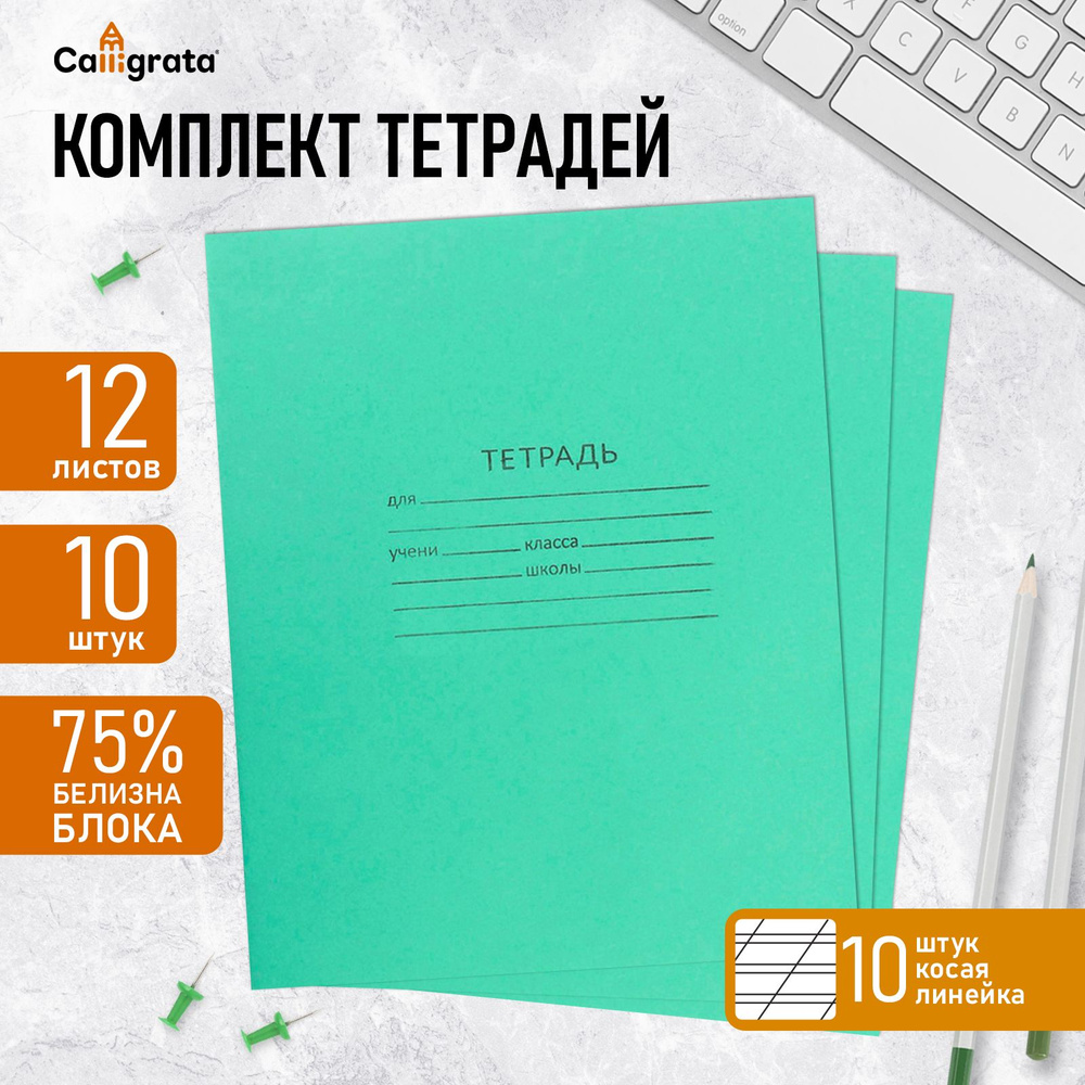 Комплект тетрадей из 10 штук, 12 листов в косую линию КПК "Зелёная обложка", блок №2, белизна 75% (серые #1