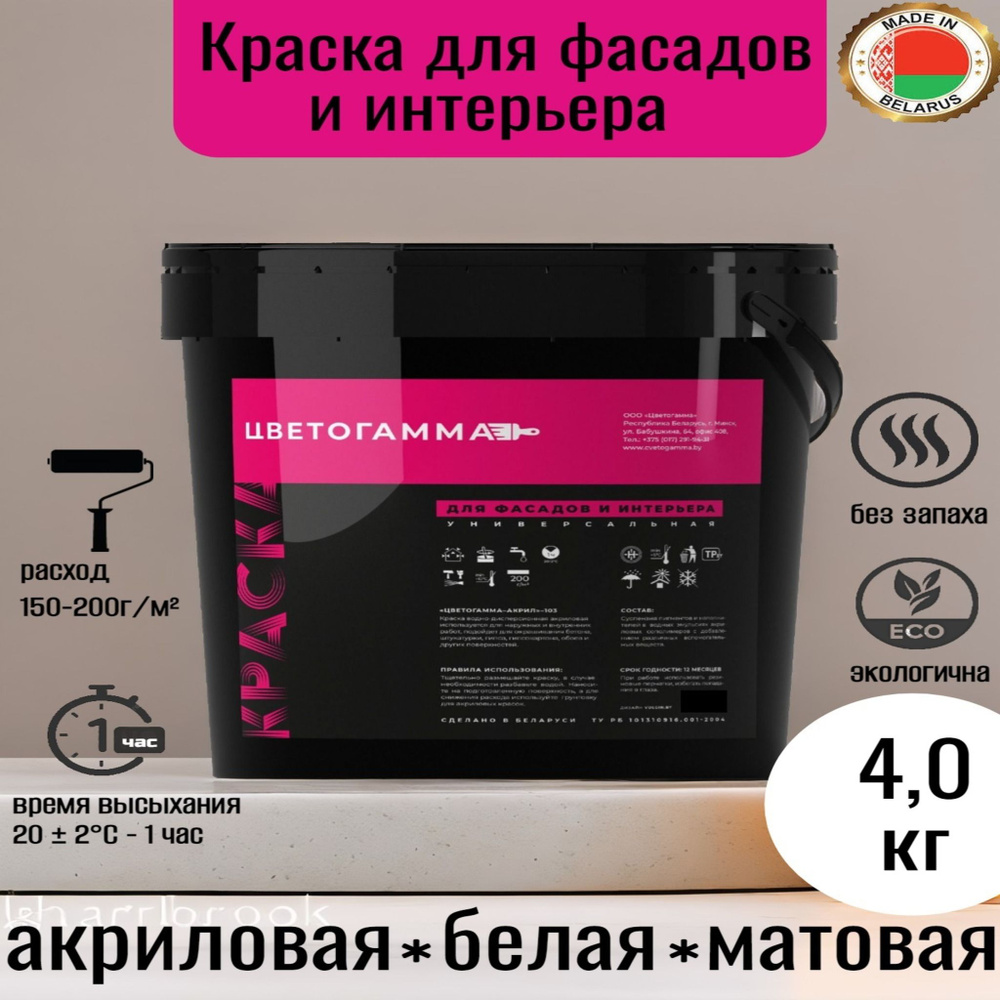 ЦВЕТОГАММА Краска Быстросохнущая, Гладкая, до 35°, Акриловая, Водно-дисперсионная, Матовое покрытие, #1