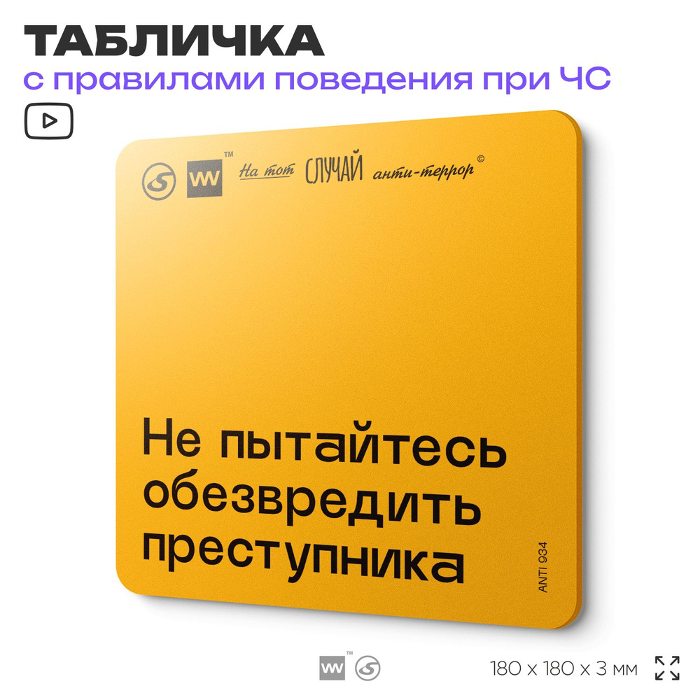 Табличка с правилами поведения при чрезвычайной ситуации "Не пытайтесь обезвредить преступника " 18х18 #1