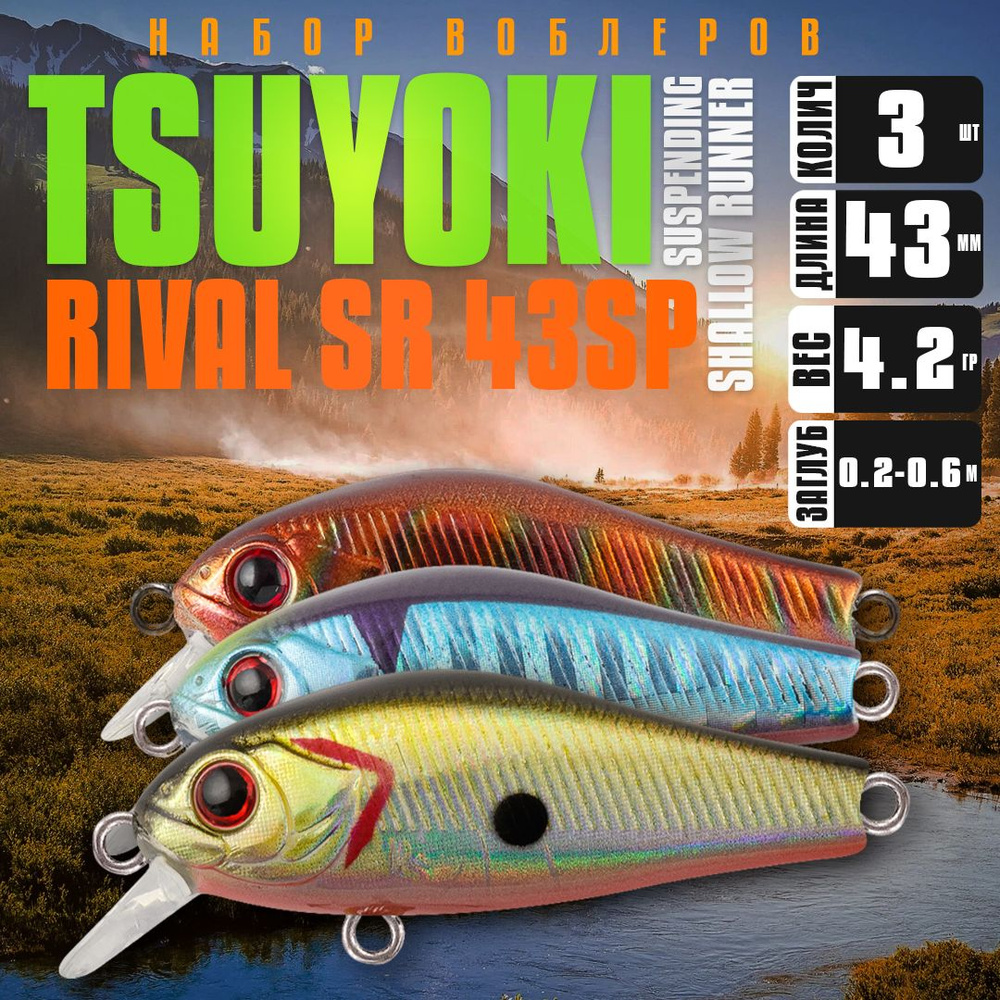 Набор воблеров 3 шт TsuYoki RIVAL SR 43SP AT007R E004 E054, 43 мм, 4.25 гр, суспендер, до 0.6 м / Рыболовные #1