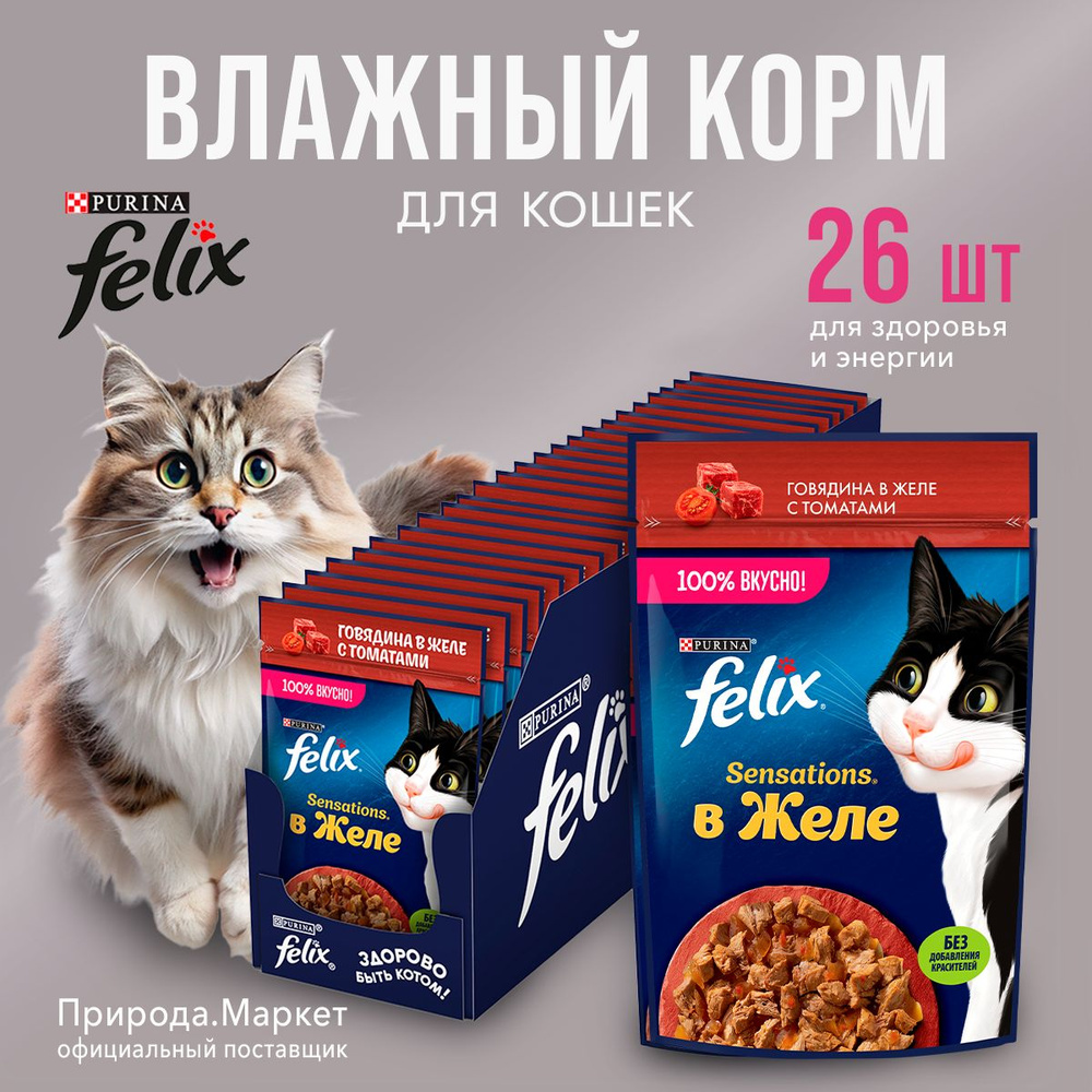 Корм влажный Felix для кошек, говядина в желе, 26 штук по 75 г  #1