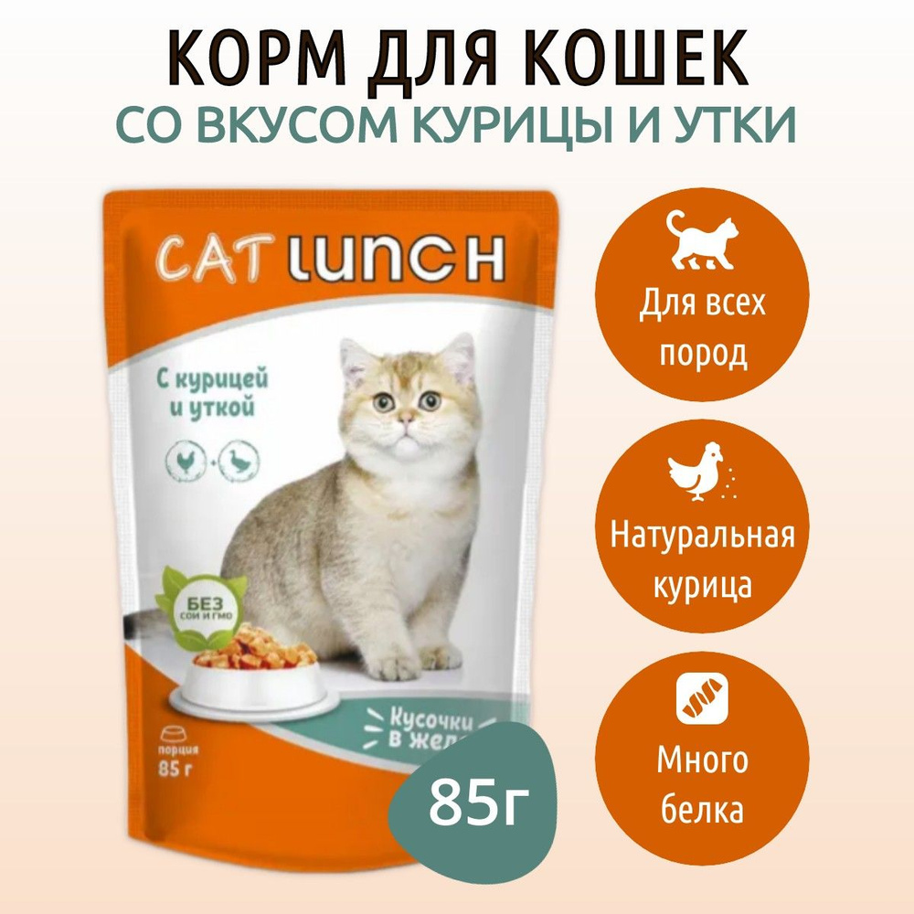 Влажный корм CAT LUNCH 85 г для кошек Курица и утка кусочки в желе, в пауче  #1