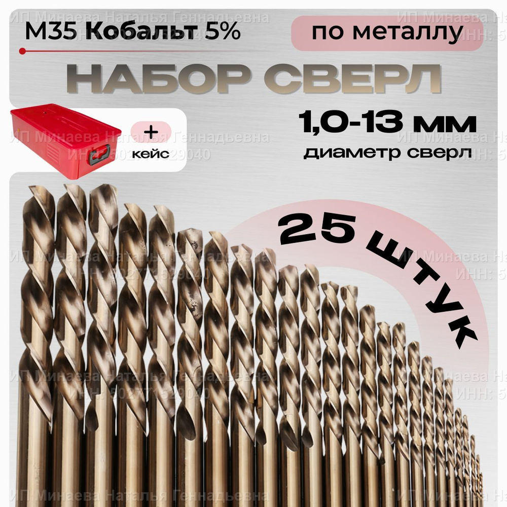 Набор кобальтовых сверл по металлу M35 HSS Co 5% 25 шт 1-13мм в кейсе  #1