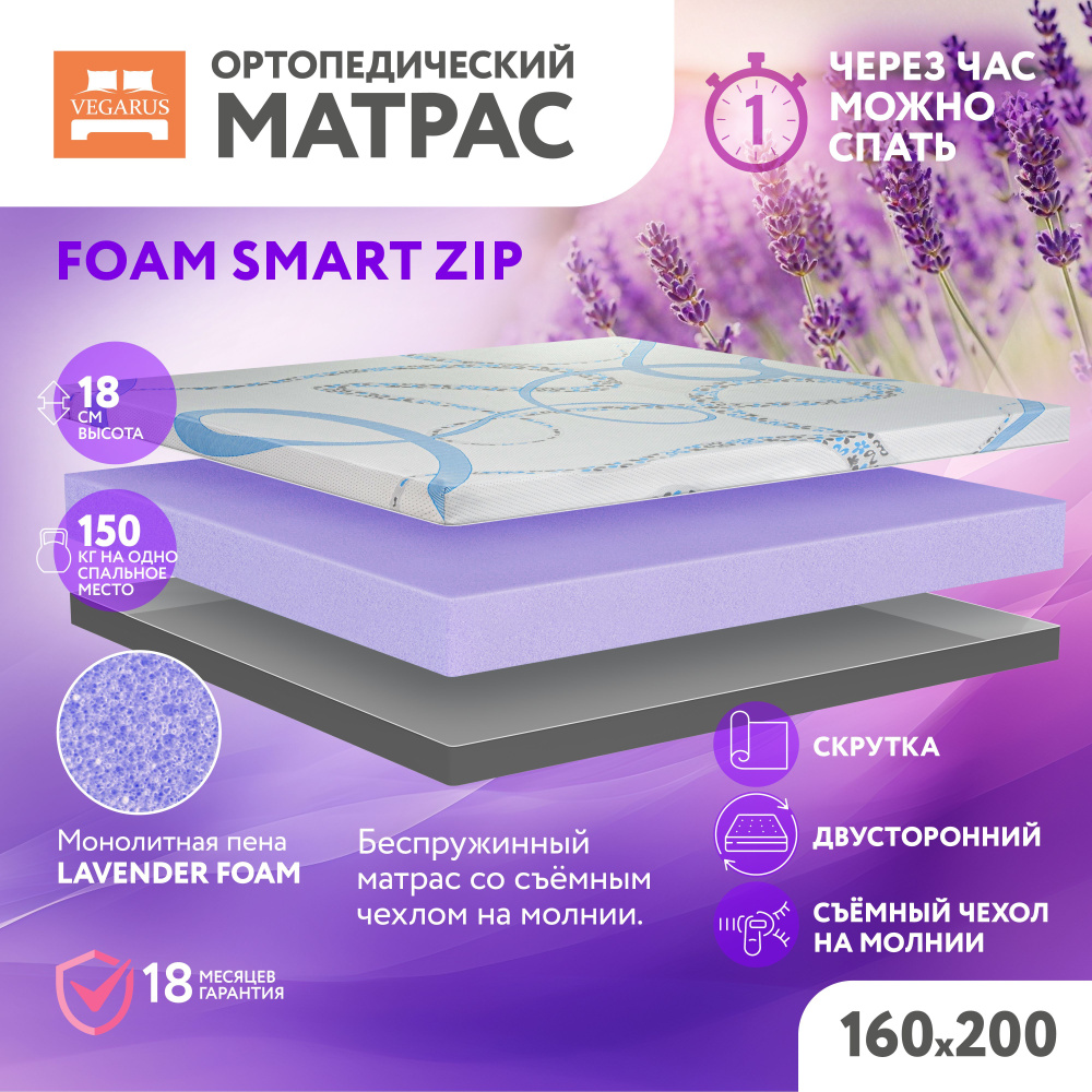 VEGARUS Матрас Матрас Foam Smart Zip, Беспружинный, 160х200 см #1