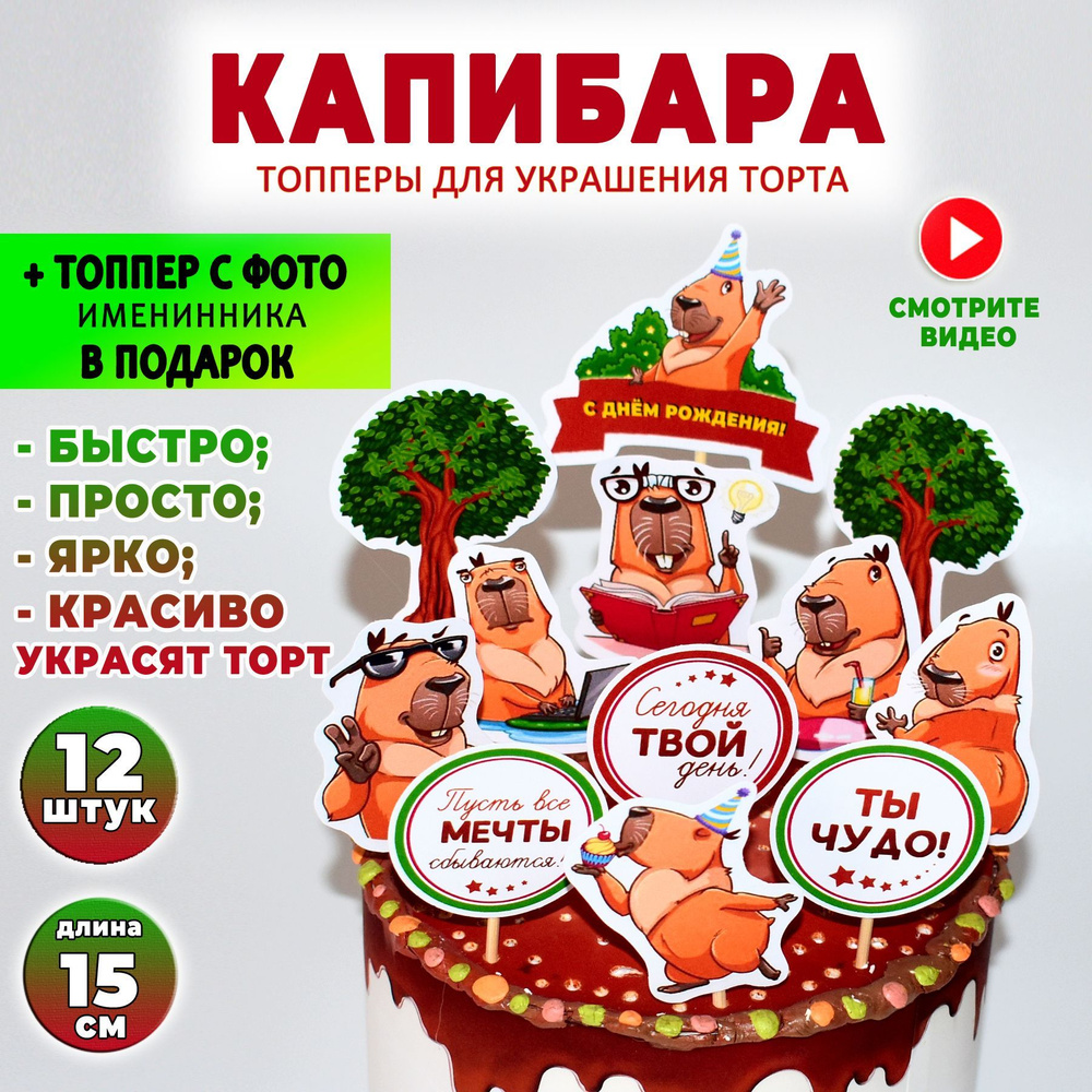 Топперы для украшения торта "Капибара". Праздничный декор на день рождения, вечеринку или юбилей, 12 #1