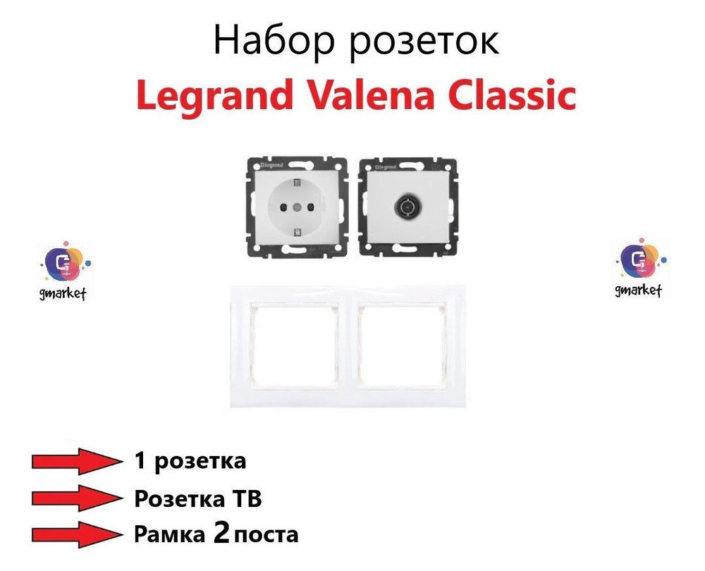 Комплект Legrand Valena (Classic) розетка: с/з - 1 шт. + ТВ розетка + рамка 2 поста, белый  #1