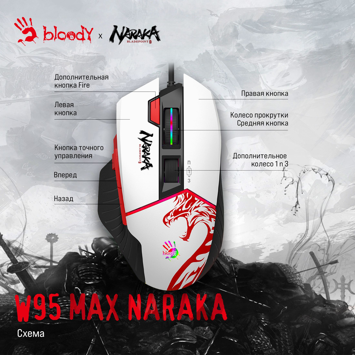 Игровая мышь проводная A4Tech W95 Max Naraka W95 MAX NARAKA, белый ...