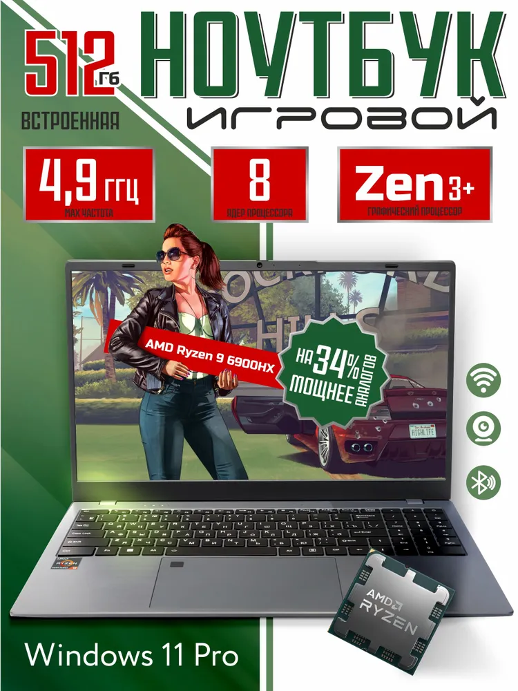 Enlinx Игровой ноутбук HTEX Н21 PRO Ноутбук 15.6", AMD Ryzen 9 6900HX, RAM 16 ГБ, SSD 512 ГБ, AMD Radeon 680M, Windows Pro, серый металлик, серебристый, Русская раскладка