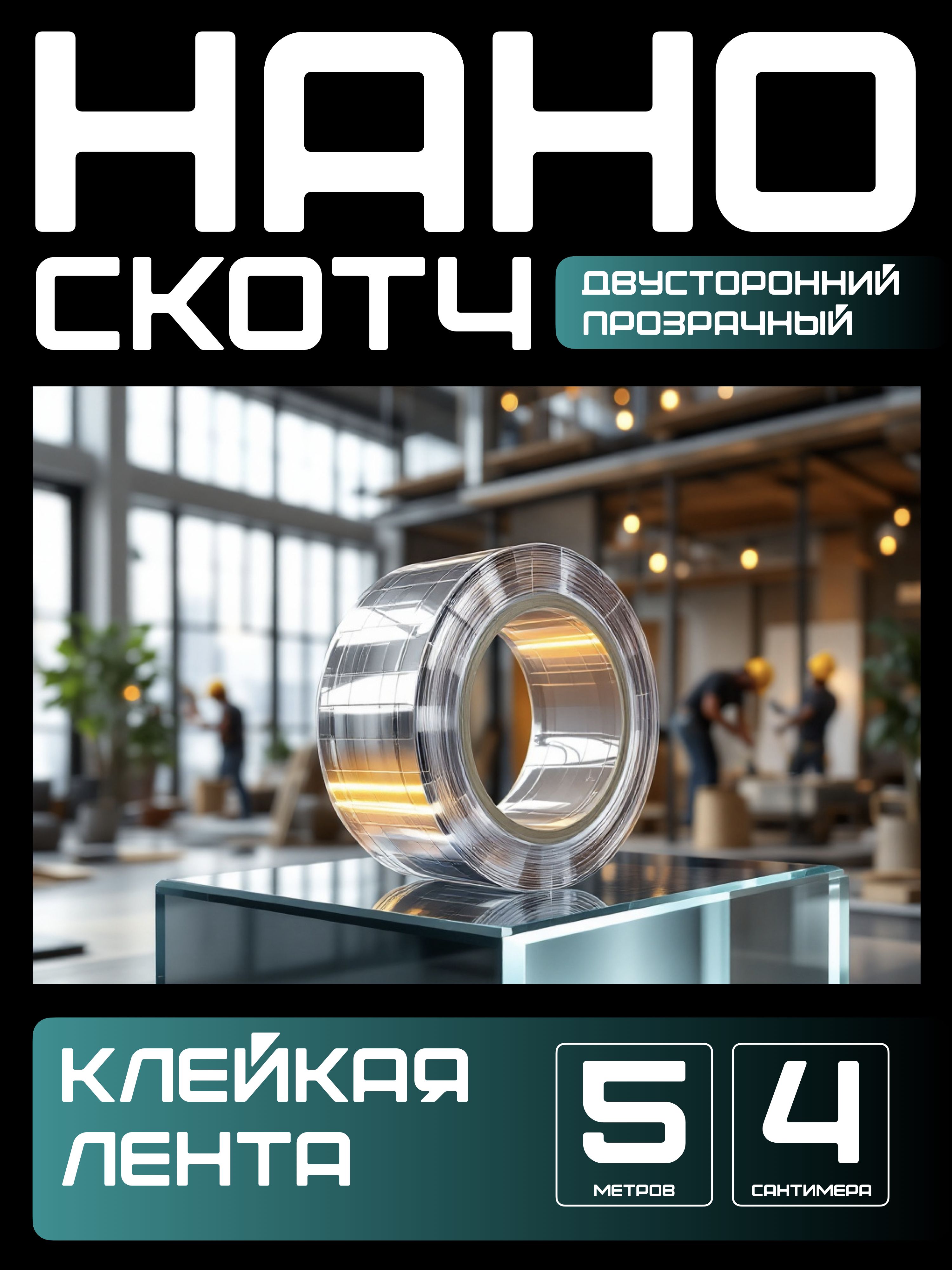 5м-4смНАНОЛЕНТАдвусторонняяпрозрачнаяклейкая.Скотчводостойкий,многоразовый,крепкий,строительный,автомобильный.Легкиймонтажнадежноекреплениебезсверления.дляавто.